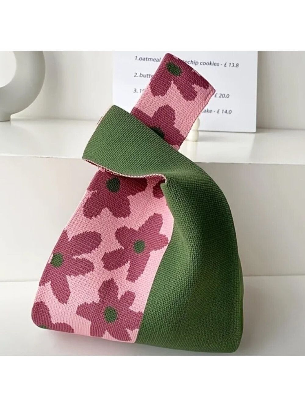 Heavy Woven Knit Flower Pattern Tote Purse Bag Japanese Knot  Closure Style